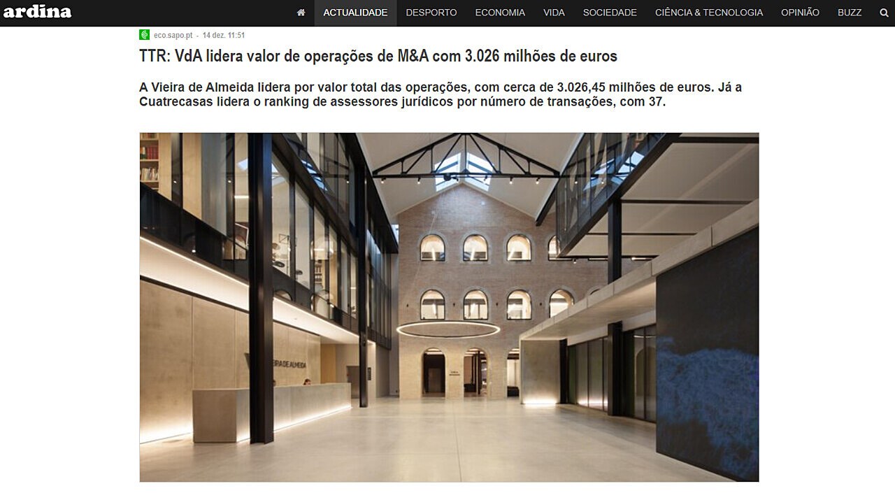 TTR: VdA lidera valor de operaes de M&A com 3.026 milhes de euros